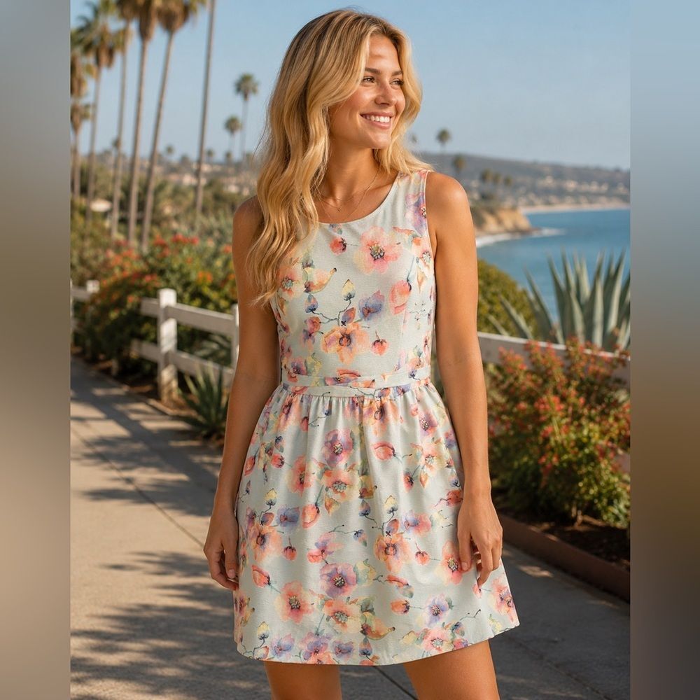 NWT!! *EN CREME* 🌺COQUETTE-Style🌺 Light Blue Floral Mini Dress Sz L